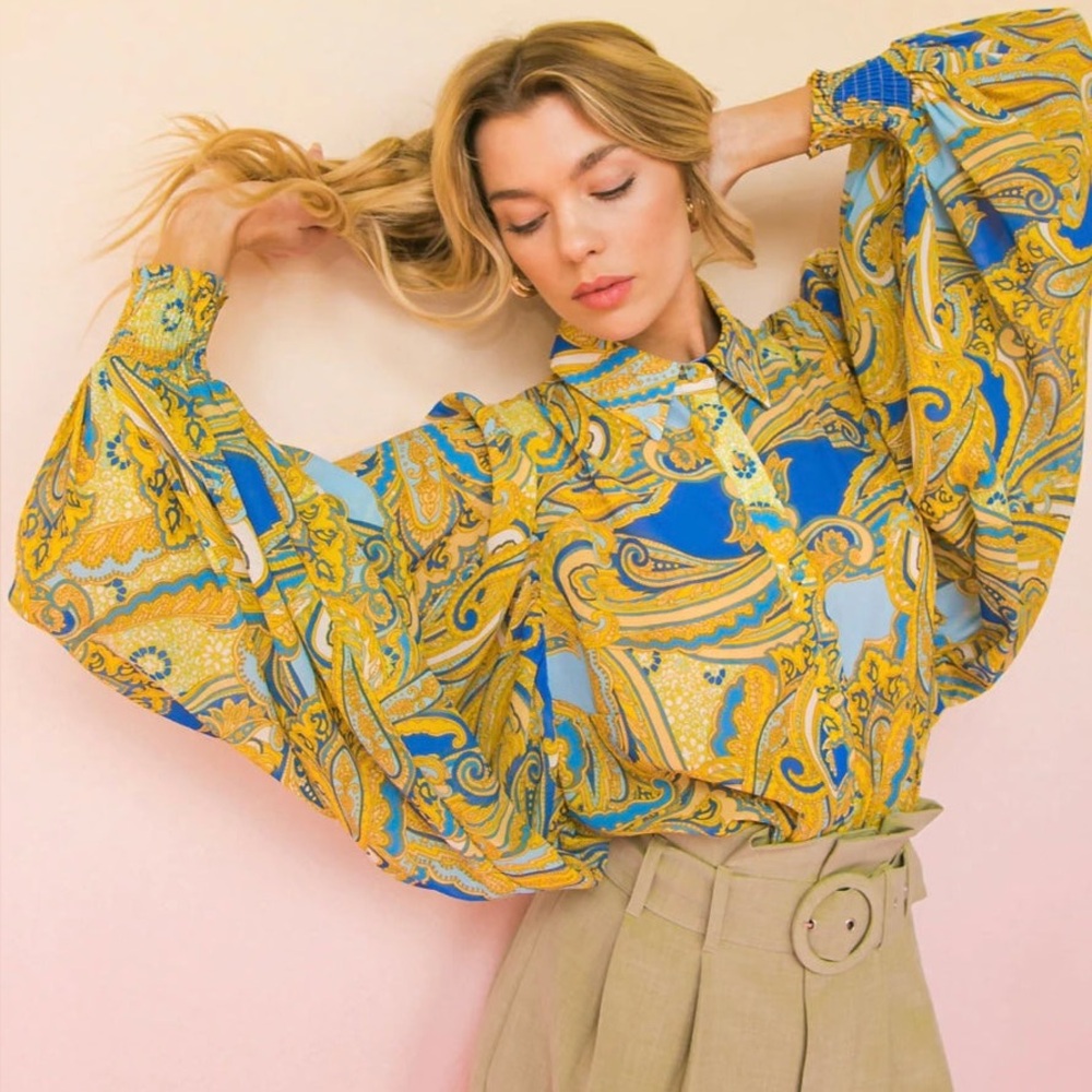 Flying Tomato Paisley Print Balloon Sleeve Blouse - Picture 6 of 9